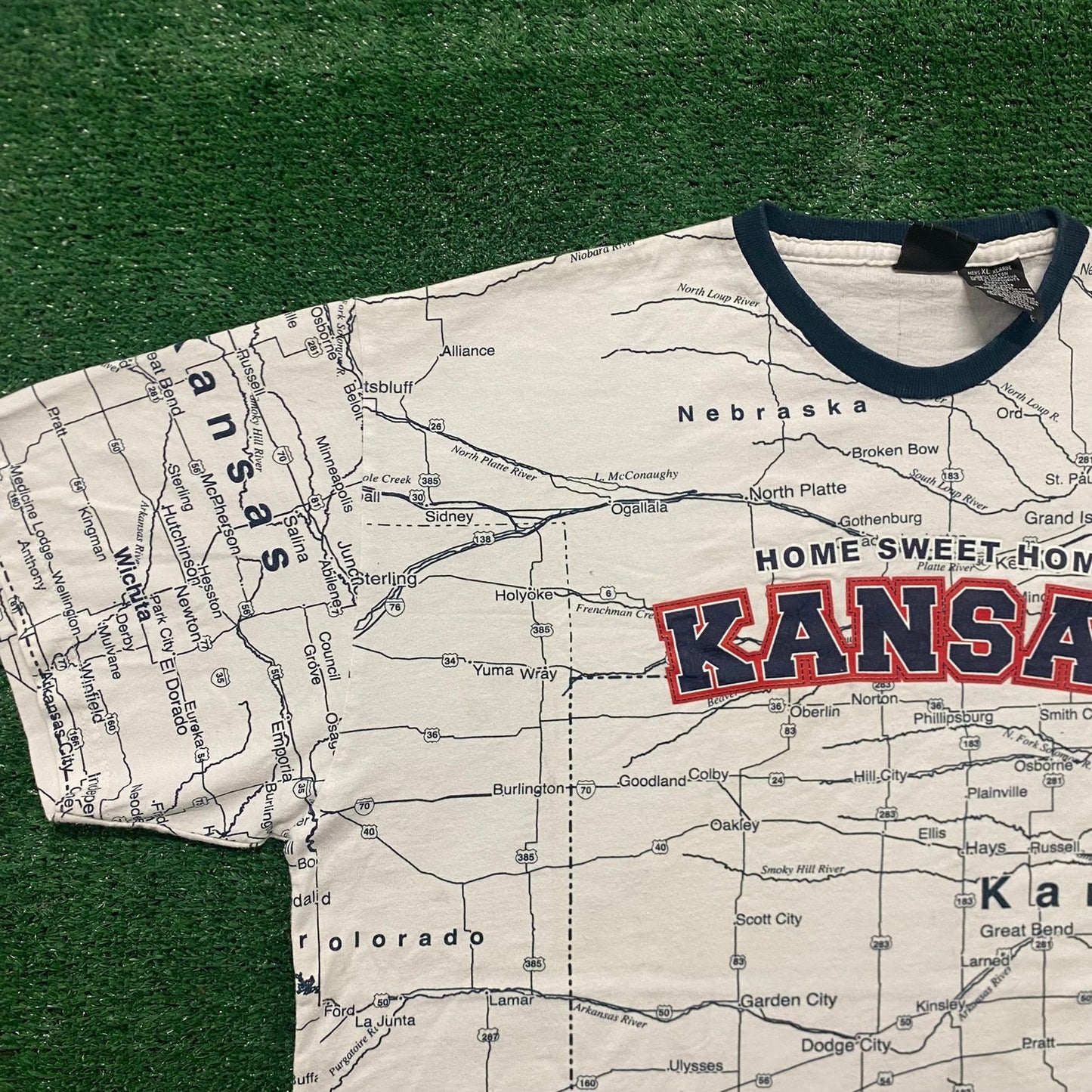 Vintage 90s Essential Kansas Road Map All Over Print T-Shirt