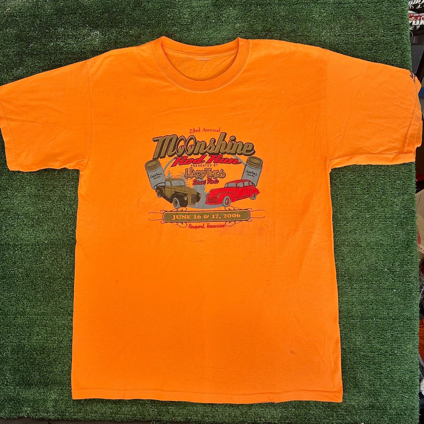 Vintage Y2K Moonshine Rod Run Car Show T-Shirt Orange L Classic Hot Rod 2006