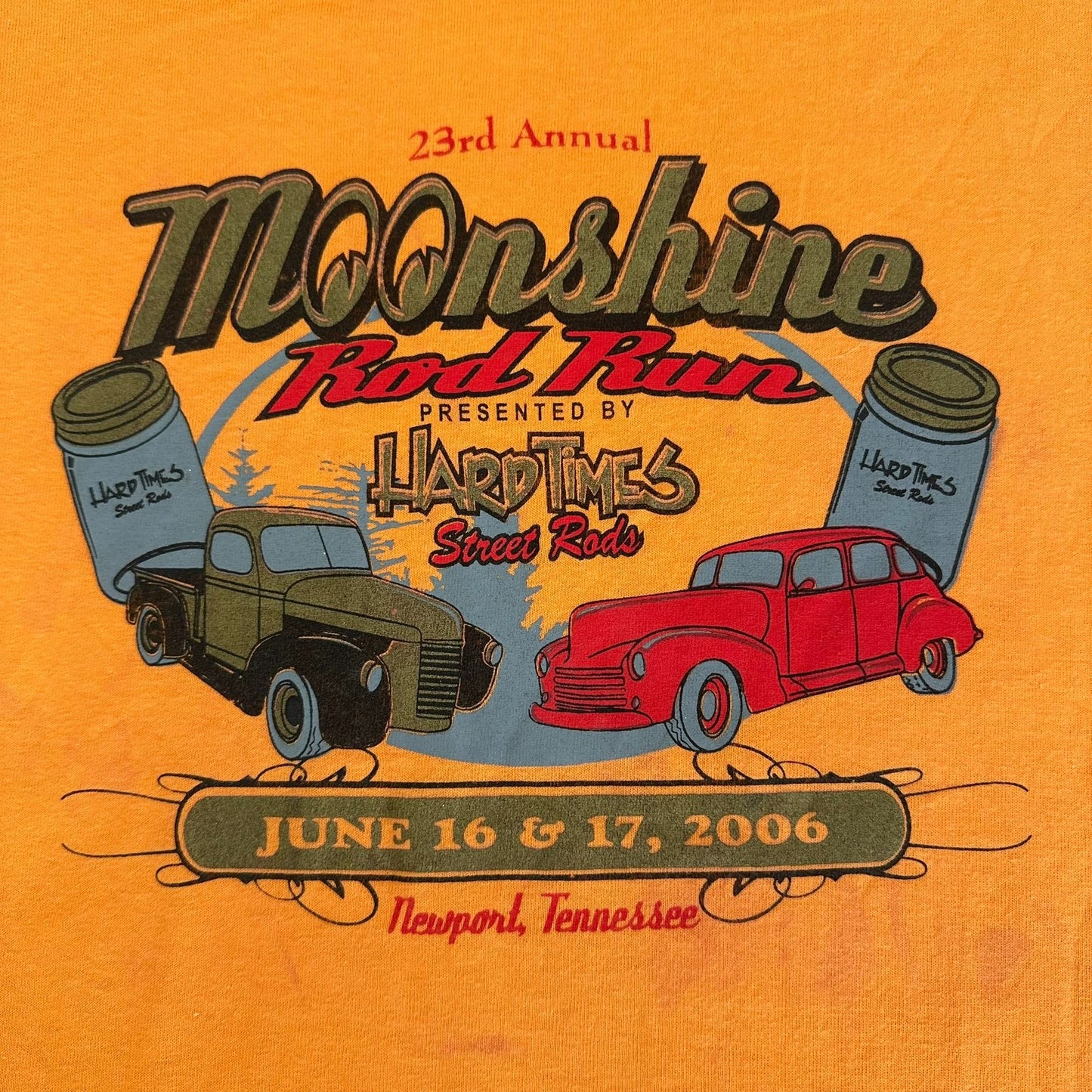 Vintage Y2K Moonshine Rod Run Car Show T-Shirt Orange L Classic Hot Rod 2006