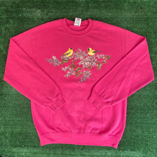 Vintage Y2K Birds Flowers Sweatshirt Cute Pink Nature Floral