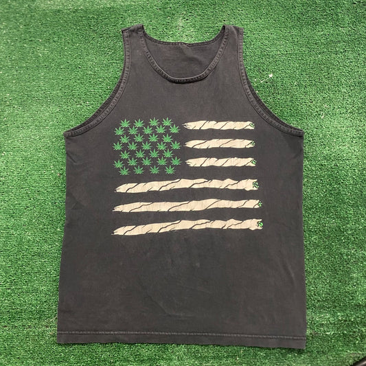 Vintage Y2K Weed Joints USA Flag Sun Faded Punk Stoner Tank