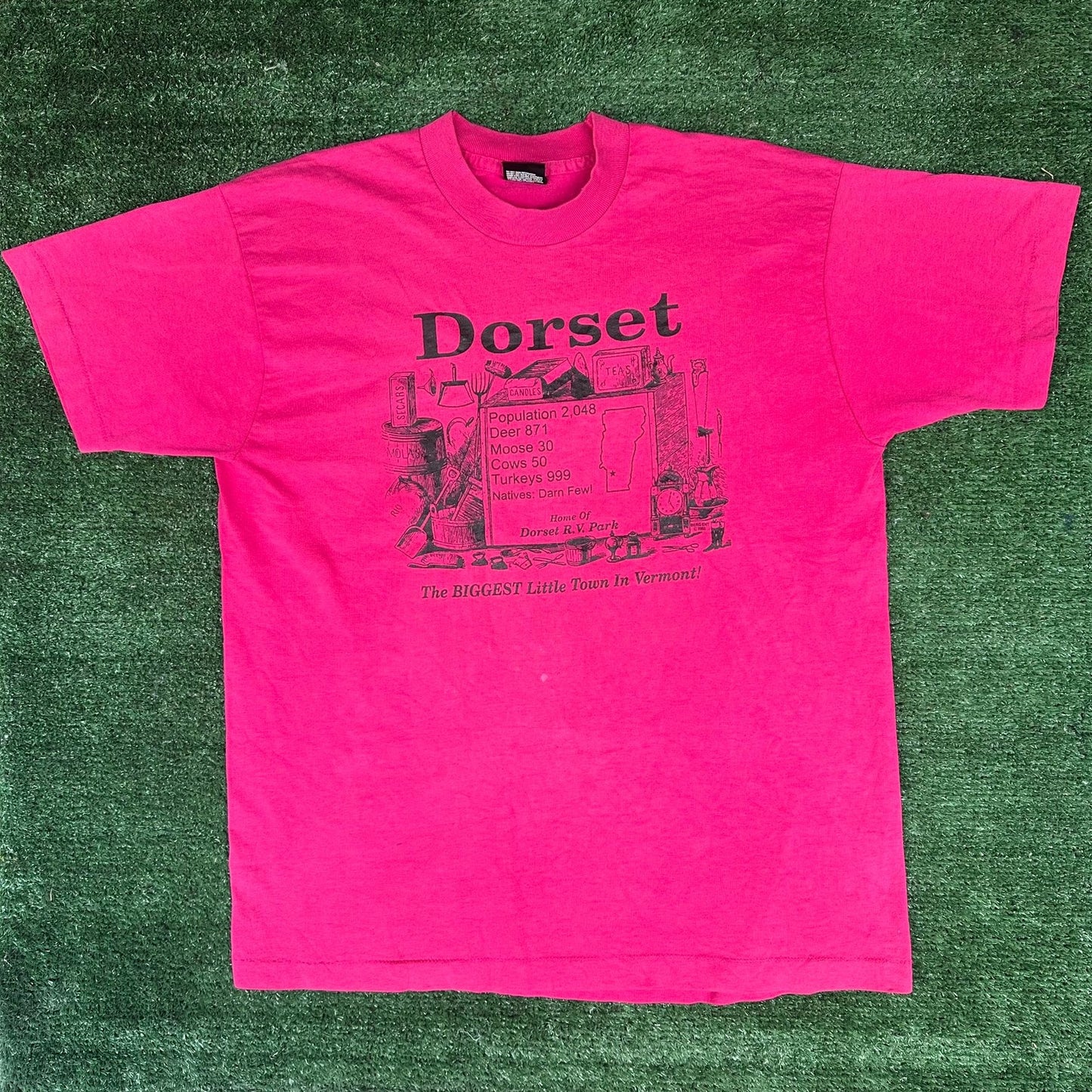 Vintage 90s Dorset Vermont T-Shirt Hot Pink L Single Stitch Small Town Humor