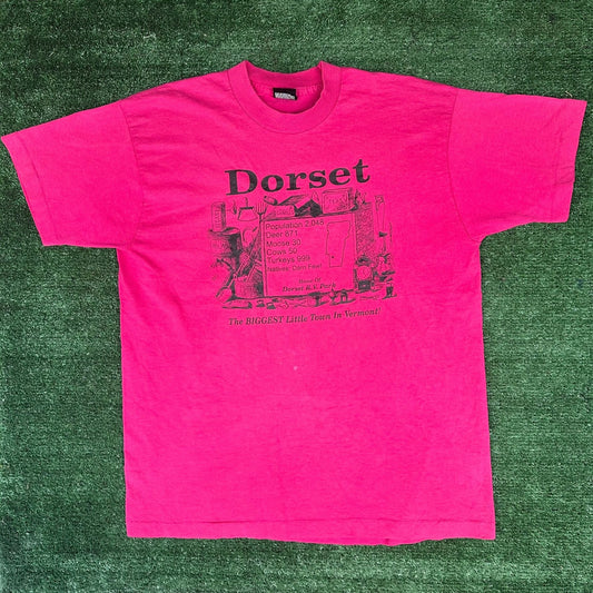 Vintage 90s Dorset Vermont T-Shirt Hot Pink L Single Stitch Small Town Humor