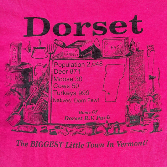 Vintage 90s Dorset Vermont T-Shirt Hot Pink L Single Stitch Small Town Humor