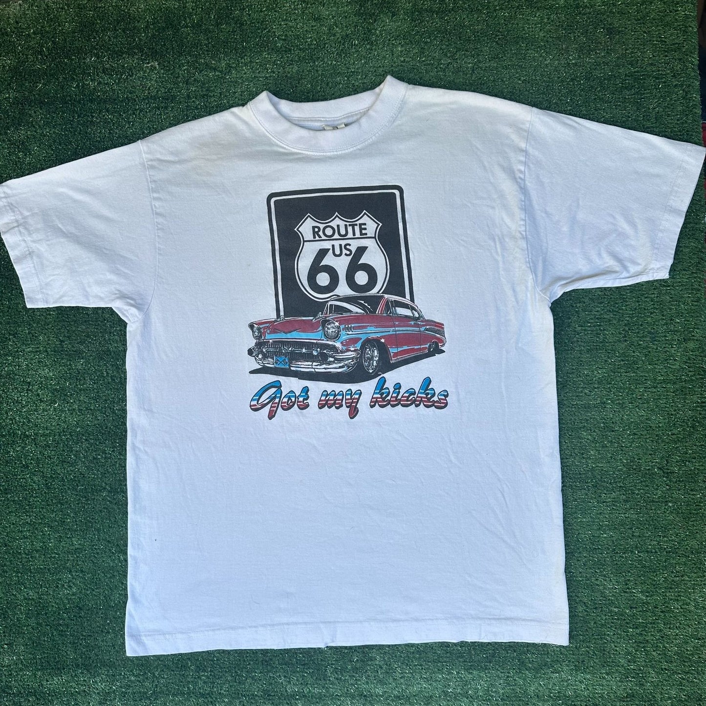 Vintage Y2K Route 66 Hot Rods T-Shirt Grunge Retro Streetwear White L