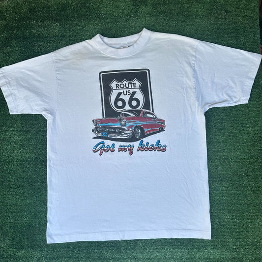 Vintage Y2K Route 66 Hot Rods T-Shirt Grunge Retro Streetwear White L