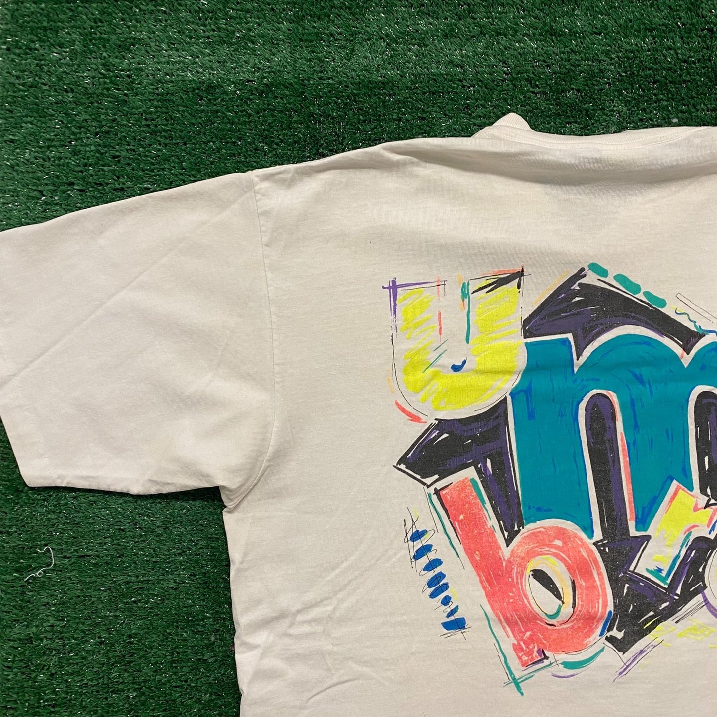 Vintage 90s Umbro Neon Sketch Shirt Soccer Art Single Stitch