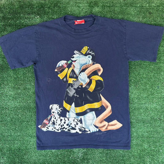 Vintage 90s Coca Cola Polar Bear T-Shirt Coke Navy Single Stitch Firefighter Dog
