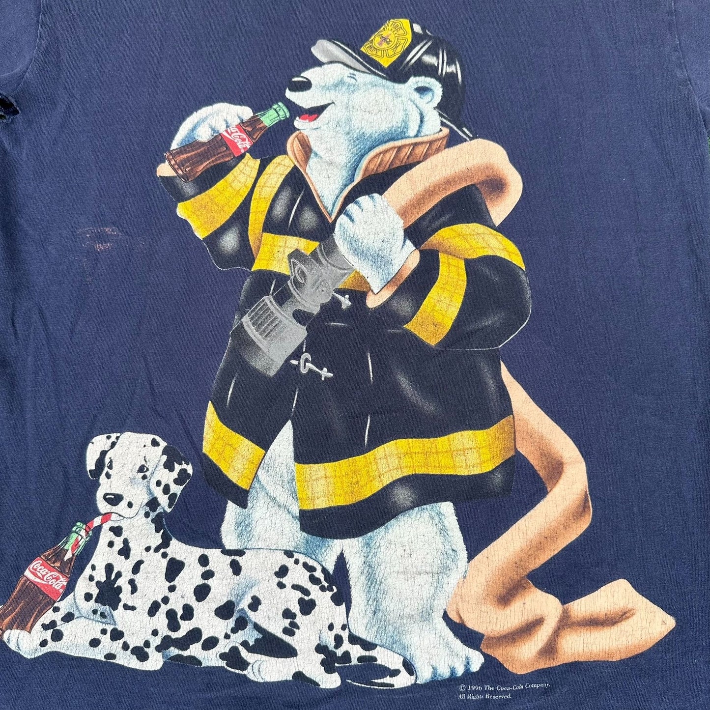 Vintage 90s Coca Cola Polar Bear T-Shirt Coke Navy Single Stitch Firefighter Dog