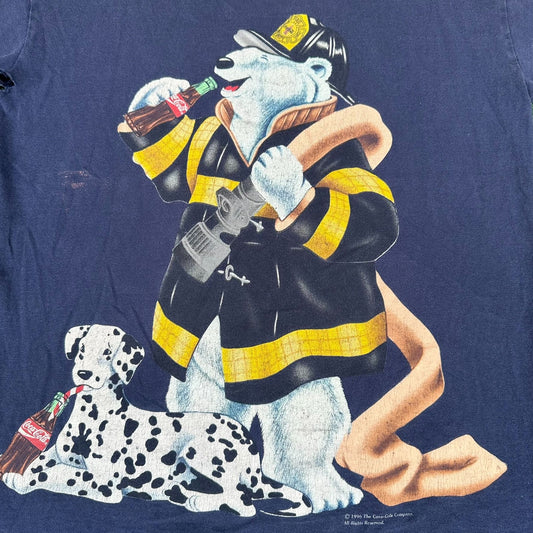 Vintage 90s Coca Cola Polar Bear T-Shirt Coke Navy Single Stitch Firefighter Dog