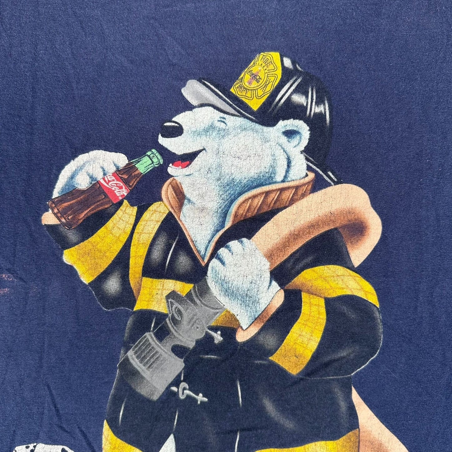 Vintage 90s Coca Cola Polar Bear T-Shirt Coke Navy Single Stitch Firefighter Dog