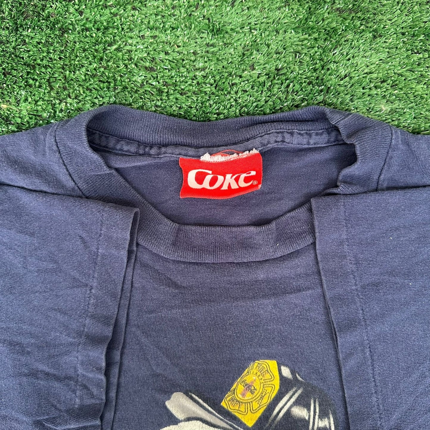 Vintage 90s Coca Cola Polar Bear T-Shirt Coke Navy Single Stitch Firefighter Dog