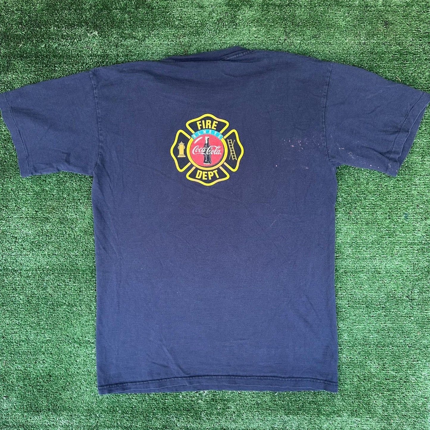 Vintage 90s Coca Cola Polar Bear T-Shirt Coke Navy Single Stitch Firefighter Dog