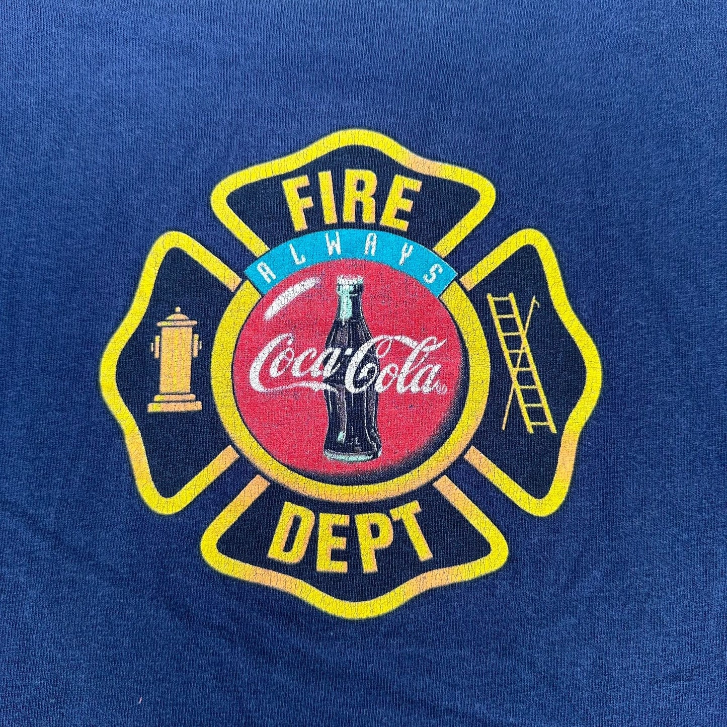 Vintage 90s Coca Cola Polar Bear T-Shirt Coke Navy Single Stitch Firefighter Dog