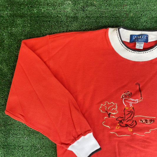 Vintage 90s Woman Golfing Sweatshirt Preppy Red Crewneck