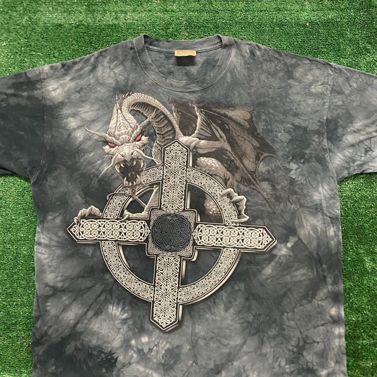 Vintage Y2K Celtic Dragon Cross Tie Dye Goth Grunge Punk Tee