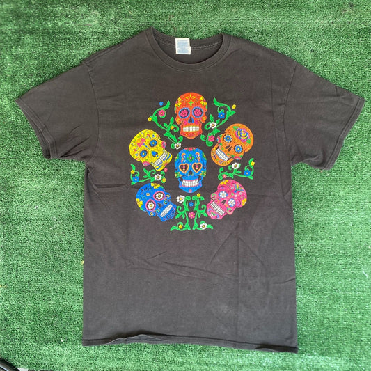 Vintage Y2K Mexican Skulls Shirt Colorful Emo Punk Art Tee