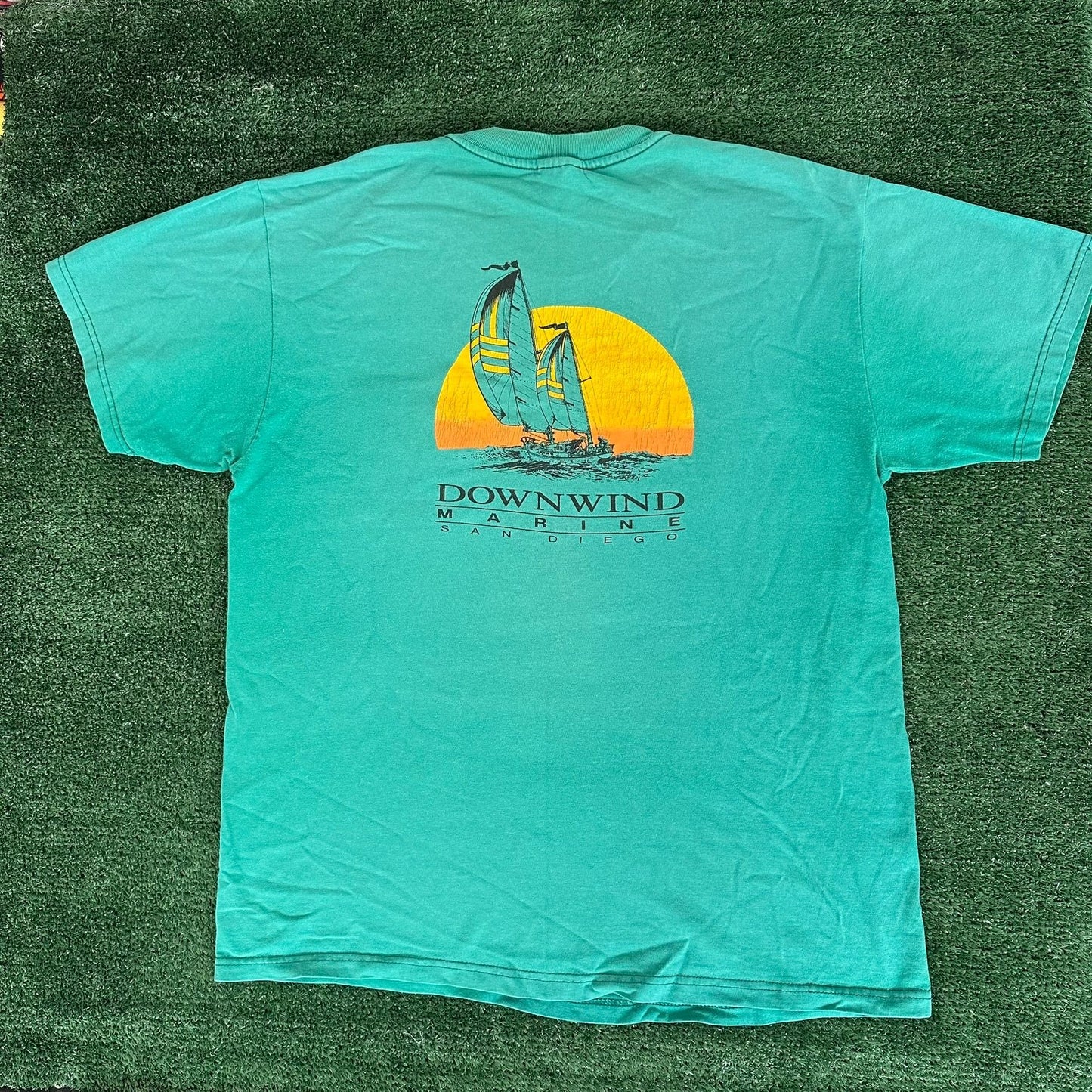 Vintage Y2K San Diego Sailboat T-Shirt Surf Preppy Nautical Coastal Beach Teal L