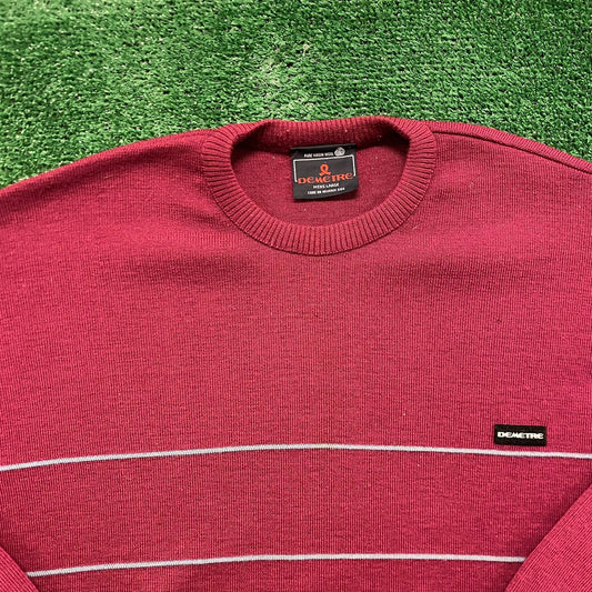 Burgundy Virgin Wool Striped Vintage Knit Crewneck Sweater