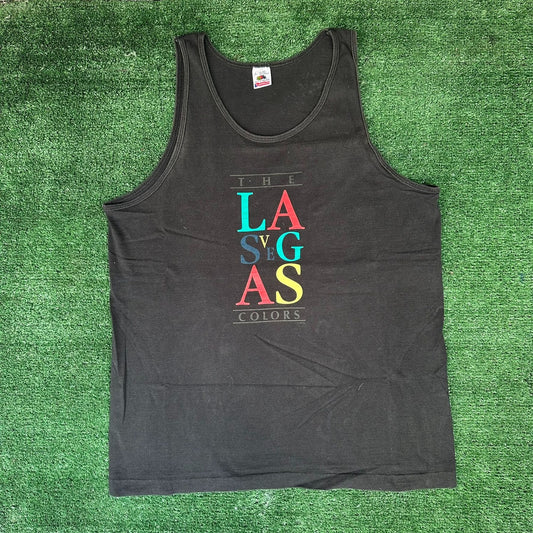 Vintage 90s Las Vegas Tank Top Black Single Stitch Colorful Summer Beach Rave L