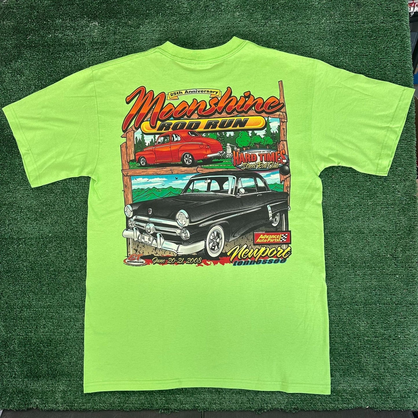 Vintage Y2K Moonshine Rod Run Car Show T-Shirt Lime Green M Classic Hot Rod