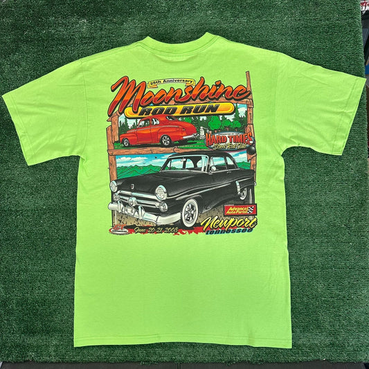Vintage Y2K Moonshine Rod Run Car Show T-Shirt Lime Green M Classic Hot Rod