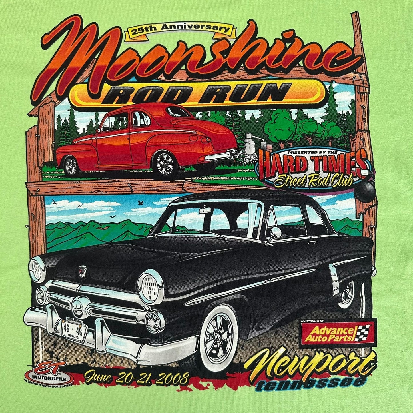 Vintage Y2K Moonshine Rod Run Car Show T-Shirt Lime Green M Classic Hot Rod