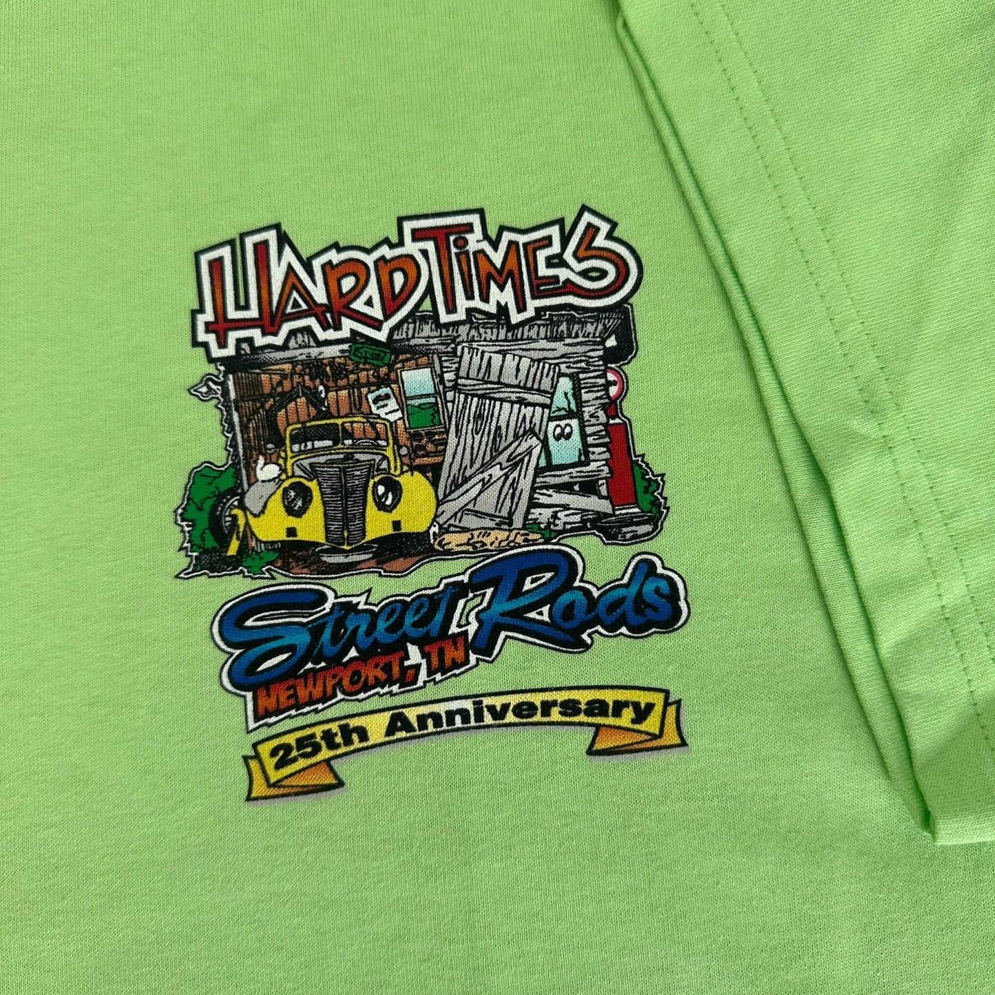 Vintage Y2K Moonshine Rod Run Car Show T-Shirt Lime Green M Classic Hot Rod