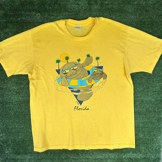 Vintage 80s Florida Manatee T-Shirt Yellow XL Single Stitch Tropical Surf Beach