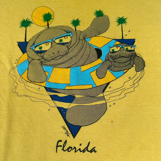 Vintage 80s Florida Manatee T-Shirt Yellow XL Single Stitch Tropical Surf Beach