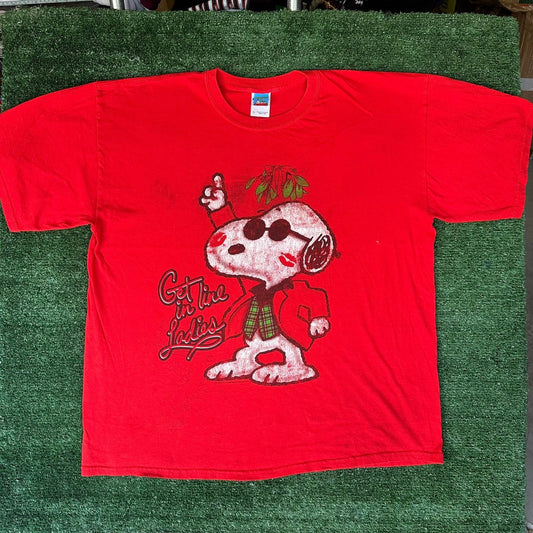 Vintage Y2K Peanuts Snoopy Joe Cool T-Shirt Christmas Red XL Mistletoe Kidcore