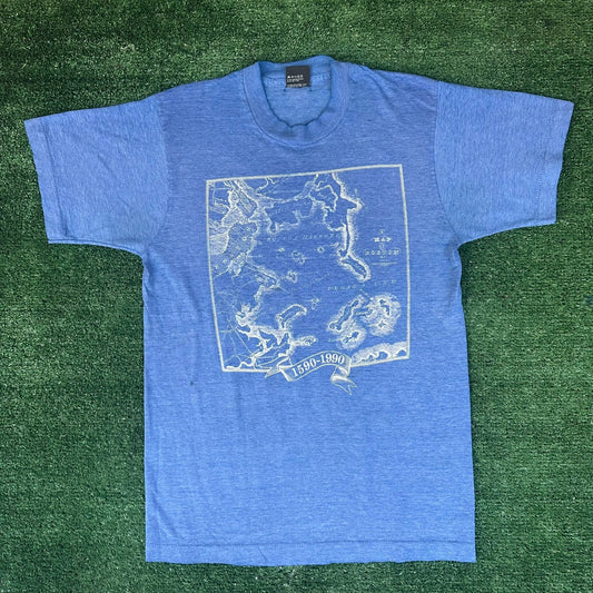 Vintage 90s Boston Harbor Map T-Shirt Blue M Single Stitch Coastal Nautical