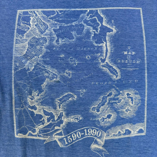 Vintage 90s Boston Harbor Map T-Shirt Blue M Single Stitch Coastal Nautical