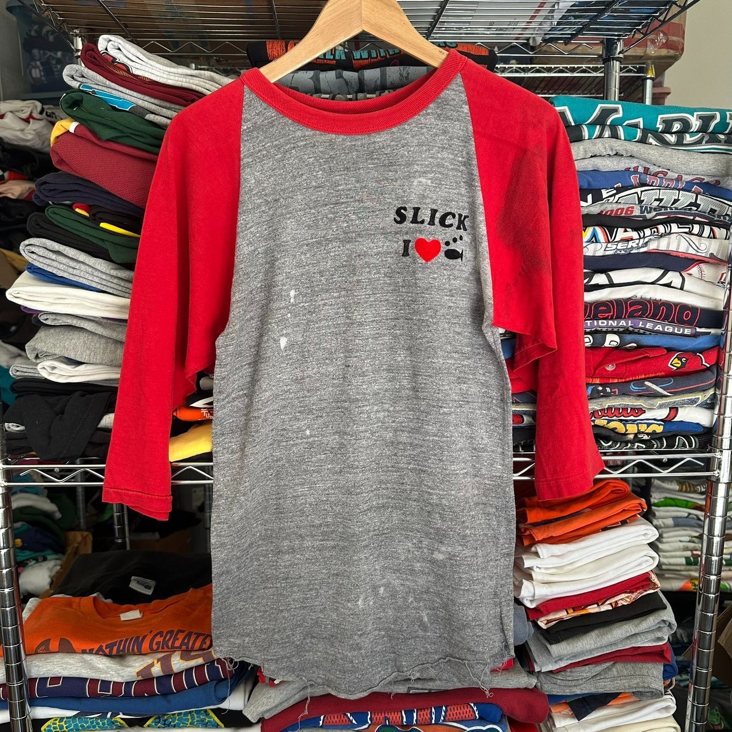 Vintage 70s I Love Fish Raglan T-Shirt Soft Paper Thin Single Stitch Gray Red M