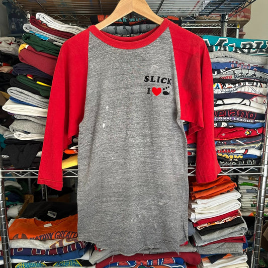 Vintage 70s I Love Fish Raglan T-Shirt Soft Paper Thin Single Stitch Gray Red M