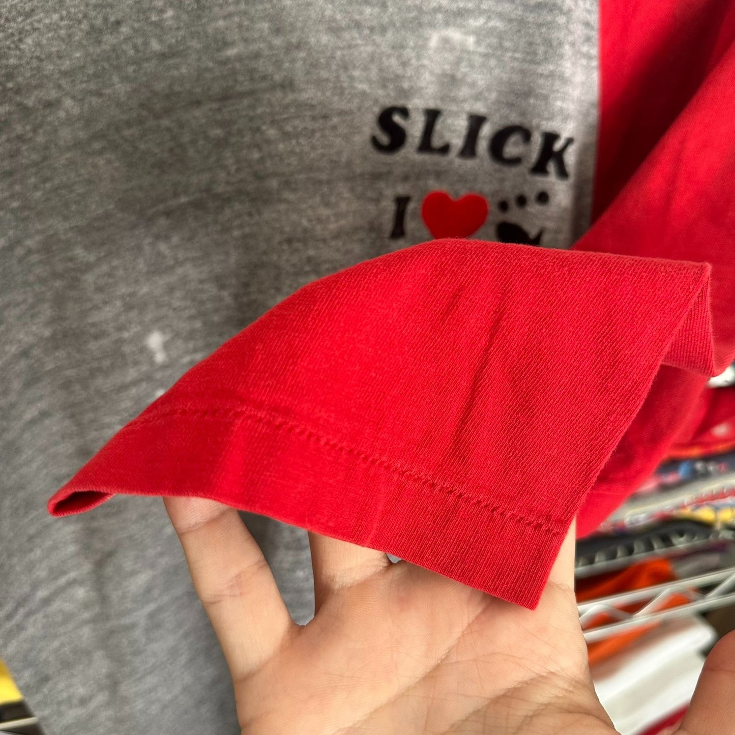 Vintage 70s I Love Fish Raglan T-Shirt Soft Paper Thin Single Stitch Gray Red M