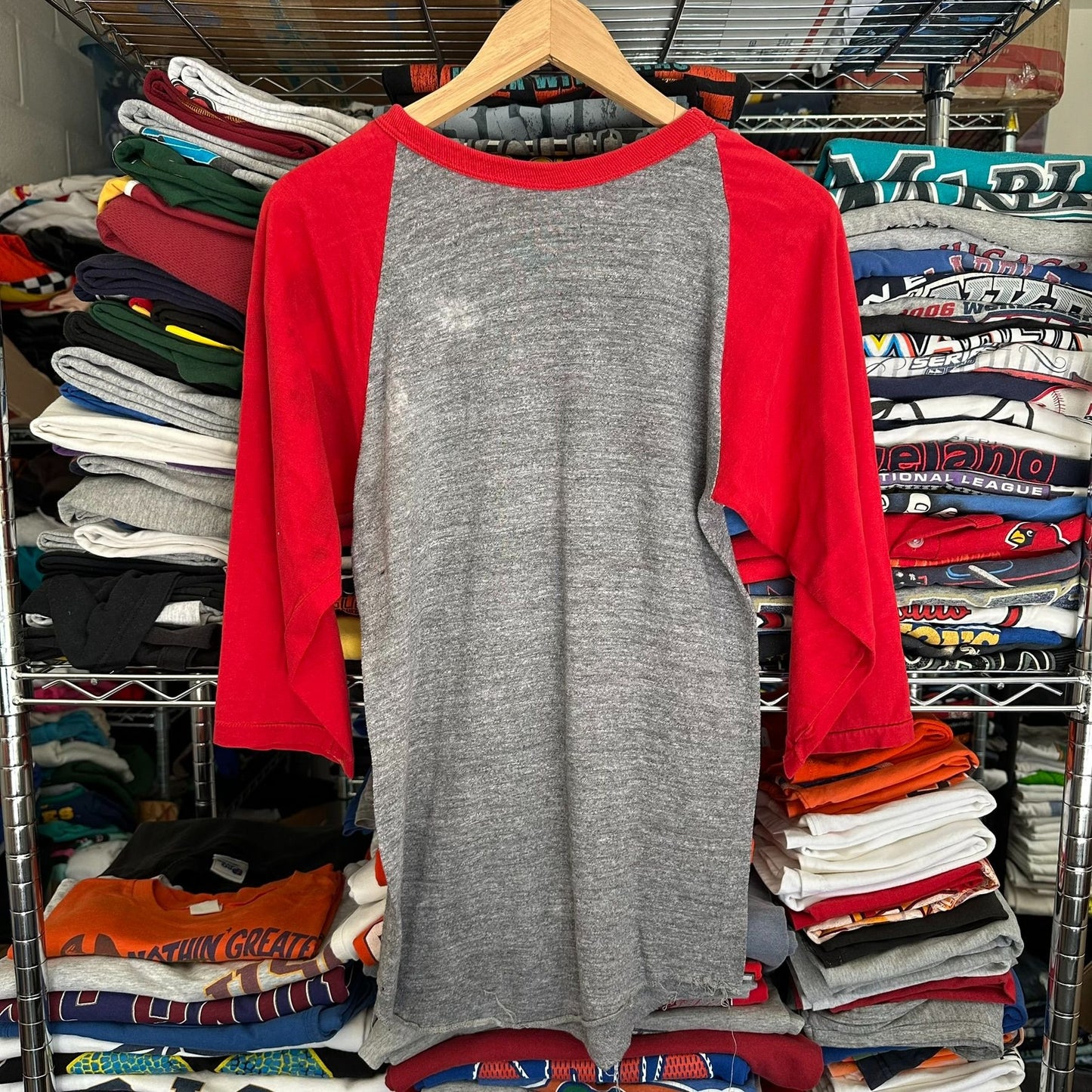 Vintage 70s I Love Fish Raglan T-Shirt Soft Paper Thin Single Stitch Gray Red M