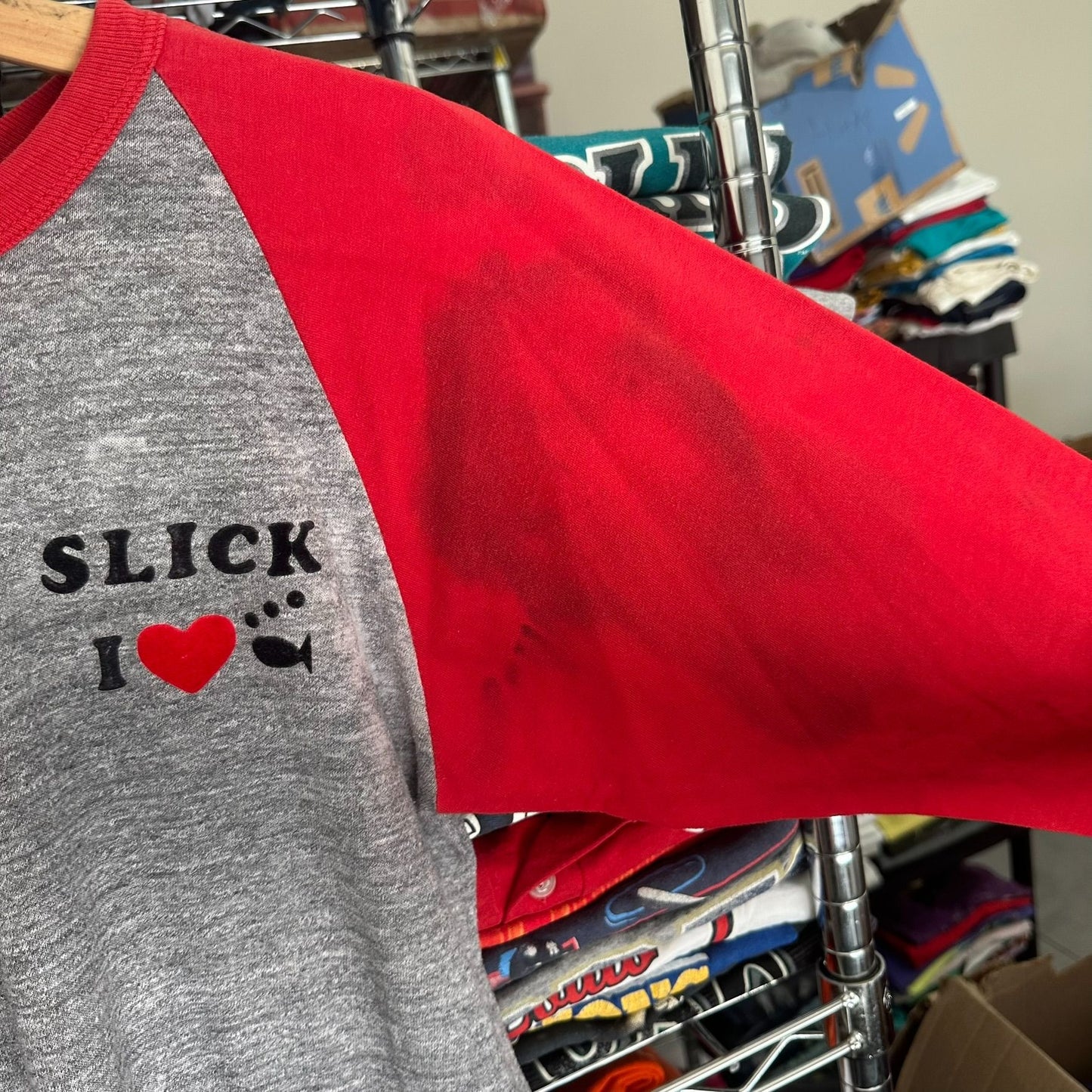 Vintage 70s I Love Fish Raglan T-Shirt Soft Paper Thin Single Stitch Gray Red M