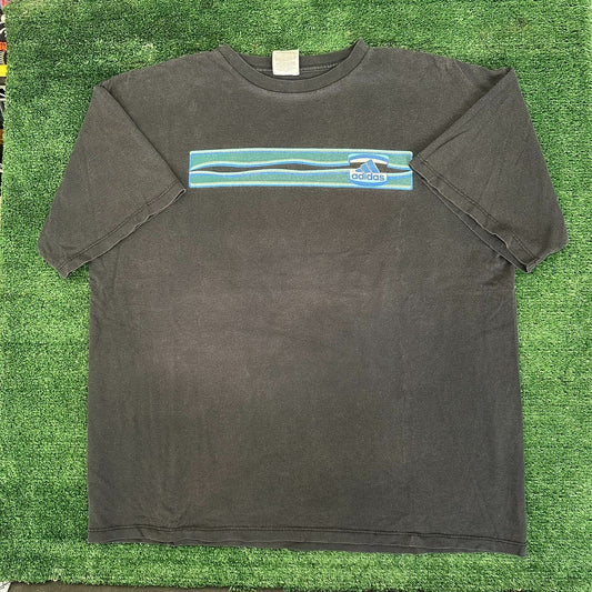 Vintage 90s Adidas Wavy Chest Stripe T-Shirt Boxy Sun Faded Black XL Streetwear