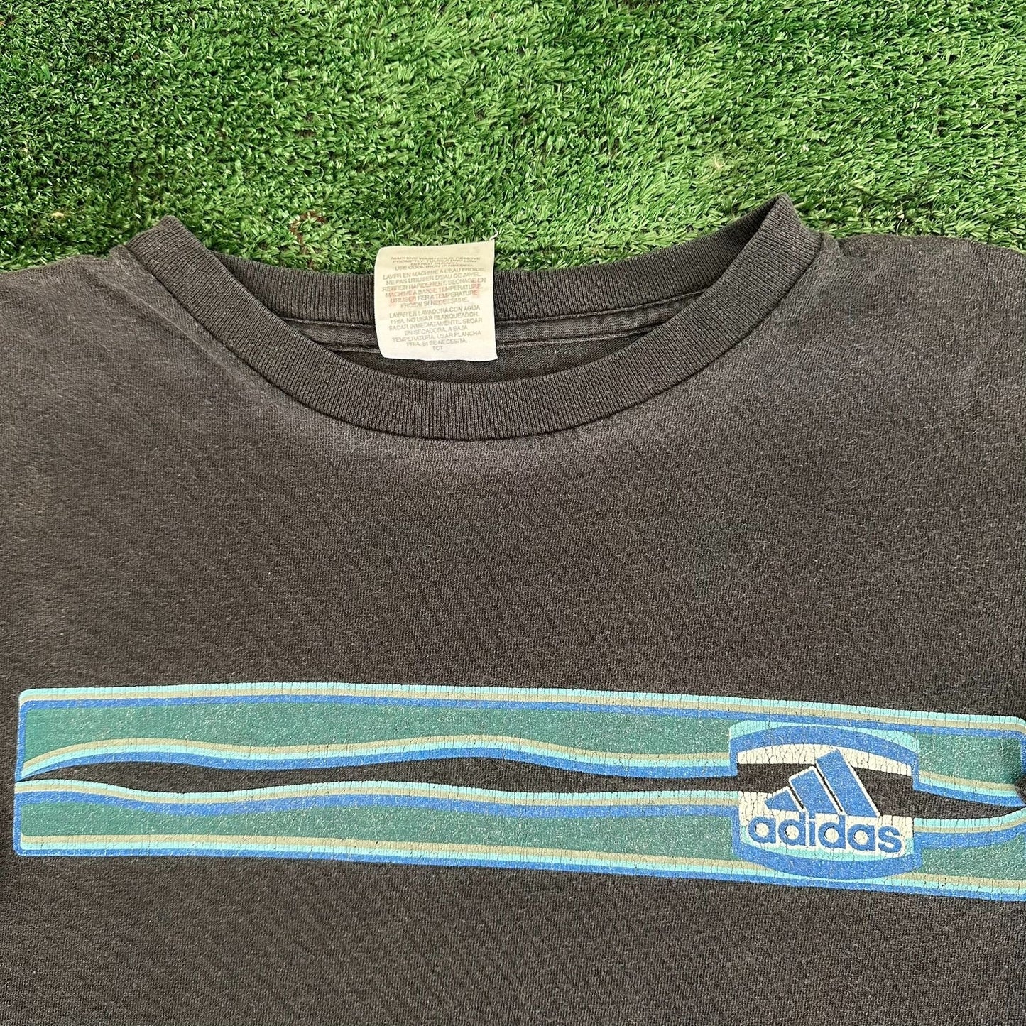 Vintage 90s Adidas Wavy Chest Stripe T-Shirt Boxy Sun Faded Black XL Streetwear