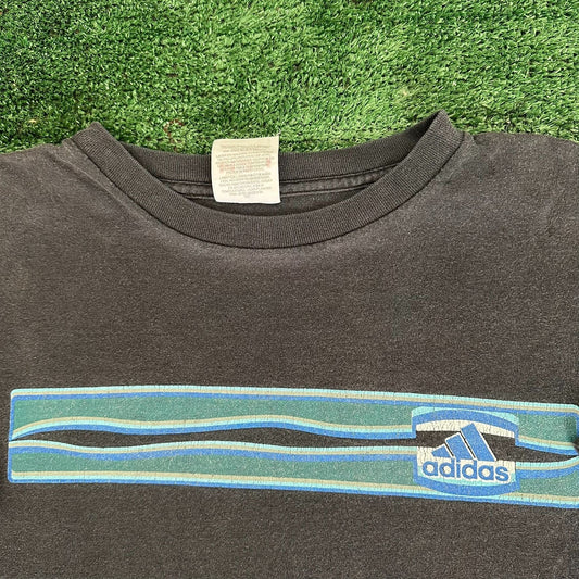 Vintage 90s Adidas Wavy Chest Stripe T-Shirt Boxy Sun Faded Black XL Streetwear