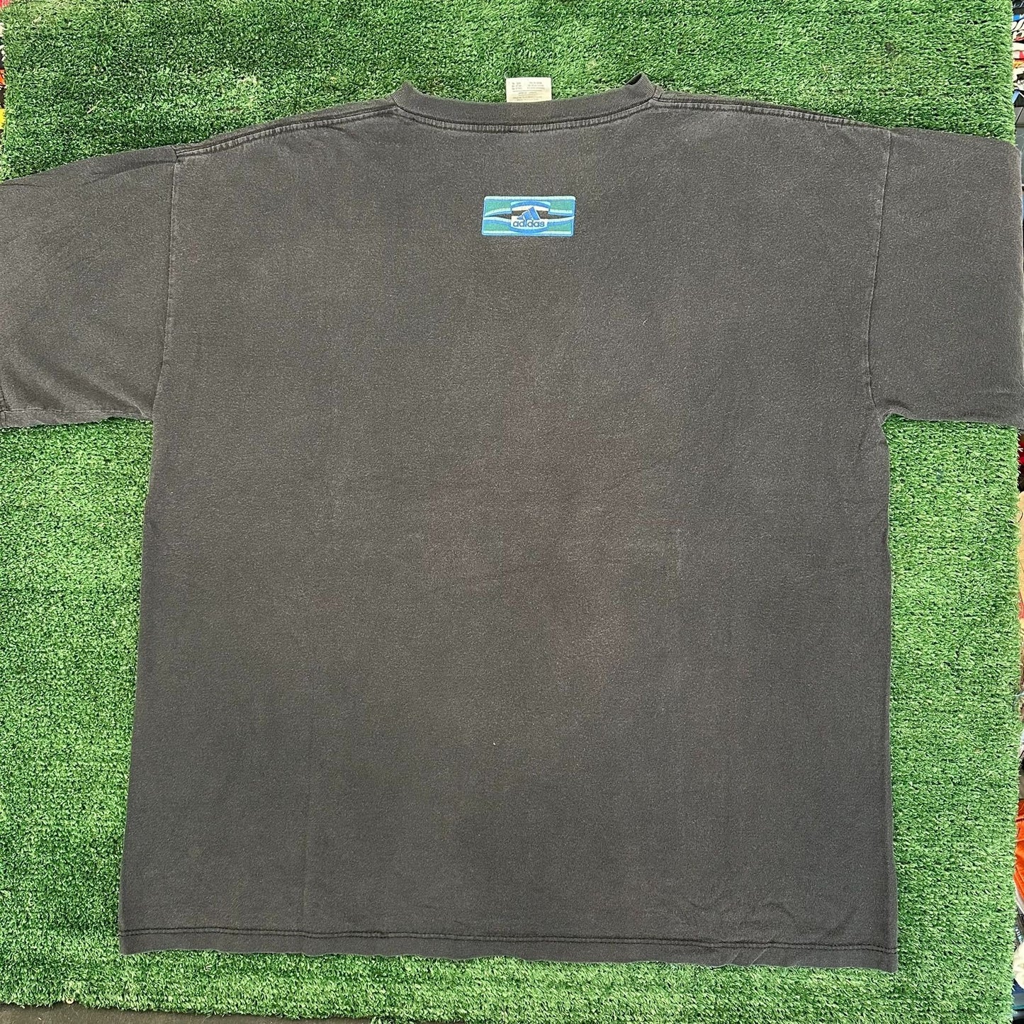 Vintage 90s Adidas Wavy Chest Stripe T-Shirt Boxy Sun Faded Black XL Streetwear