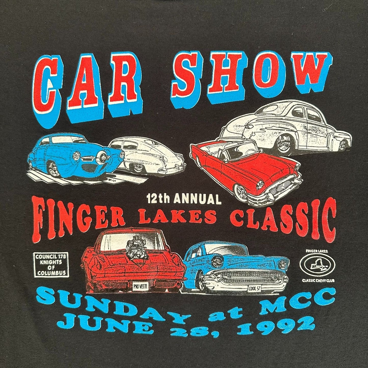 Vintage 90s Finger Lakes Chevy Car Show T-Shirt Single Stitch Black M Americana