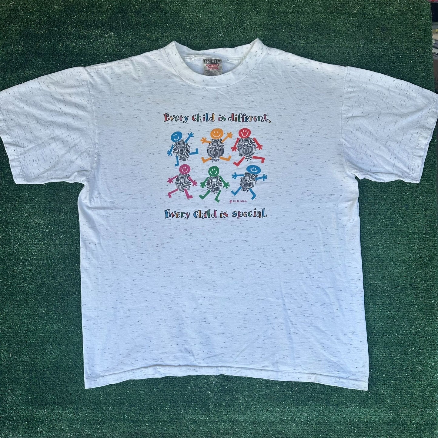 Vintage 90s Every Child is Special T-Shirt Gray XL Single Stitch Kidcore Indie