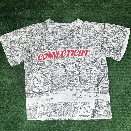 Vintage 90s Connecticut Road Map AOP T-Shirt White L Single Stitch CT Souvenir