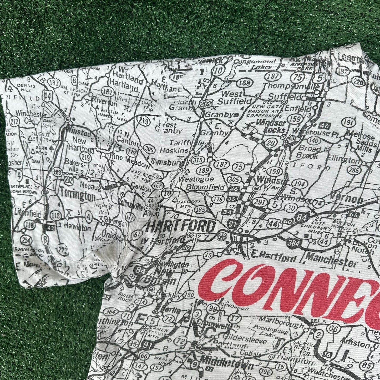 Vintage 90s Connecticut Road Map AOP T-Shirt White L Single Stitch CT Souvenir