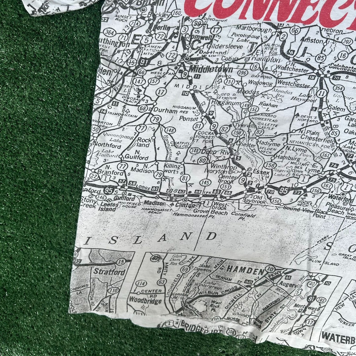 Vintage 90s Connecticut Road Map AOP T-Shirt White L Single Stitch CT Souvenir