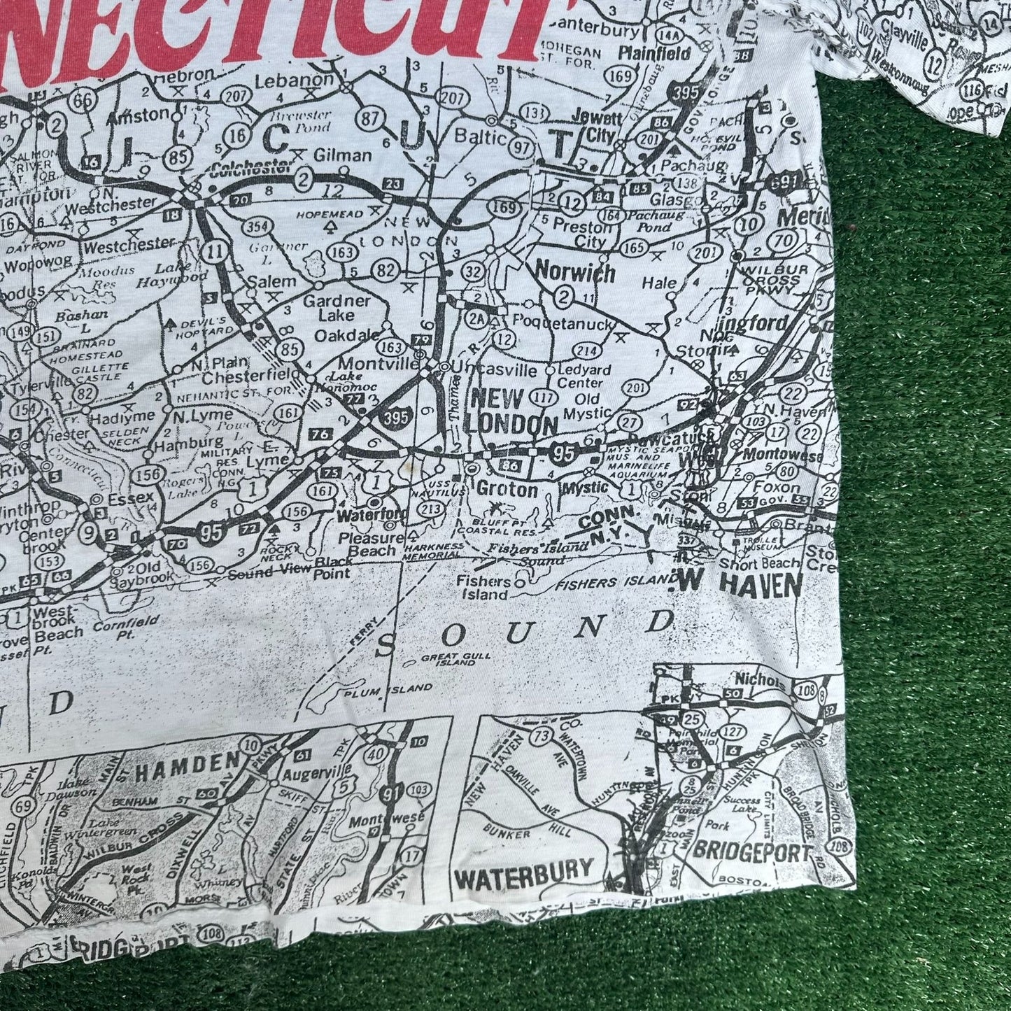 Vintage 90s Connecticut Road Map AOP T-Shirt White L Single Stitch CT Souvenir