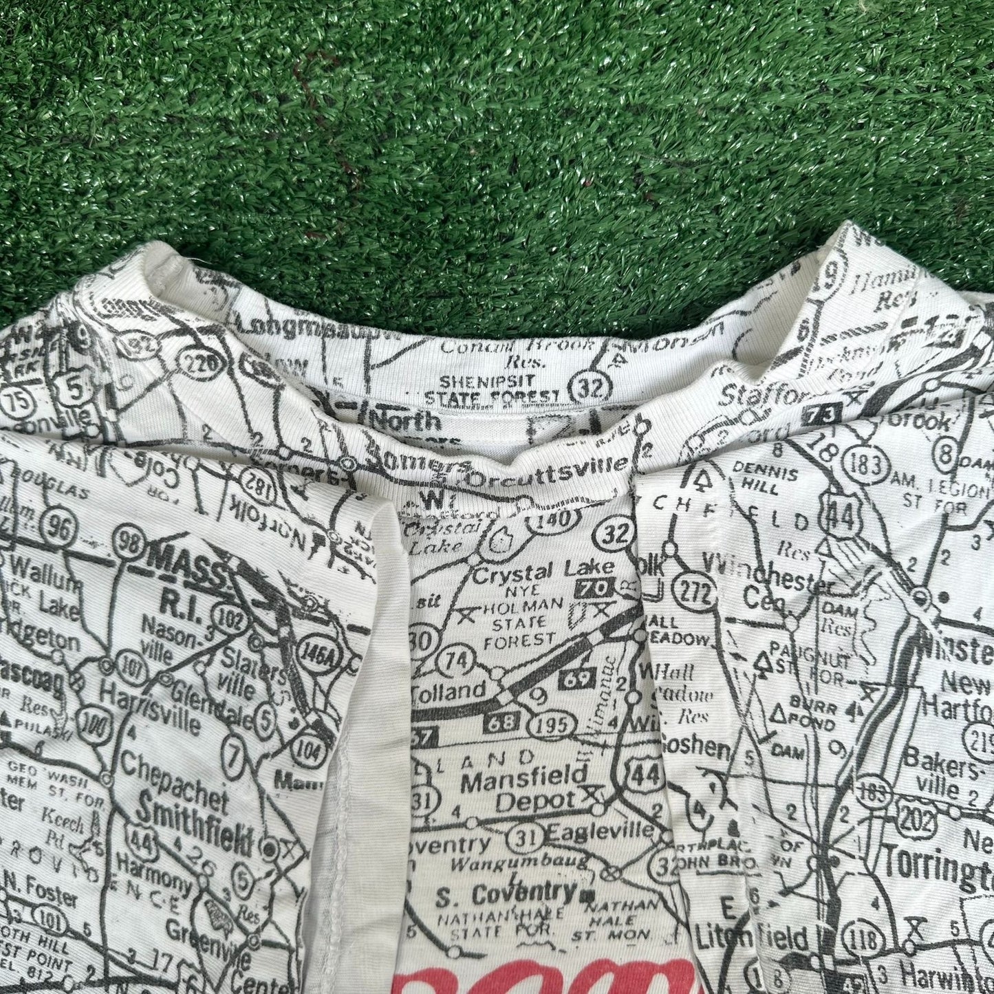 Vintage 90s Connecticut Road Map AOP T-Shirt White L Single Stitch CT Souvenir