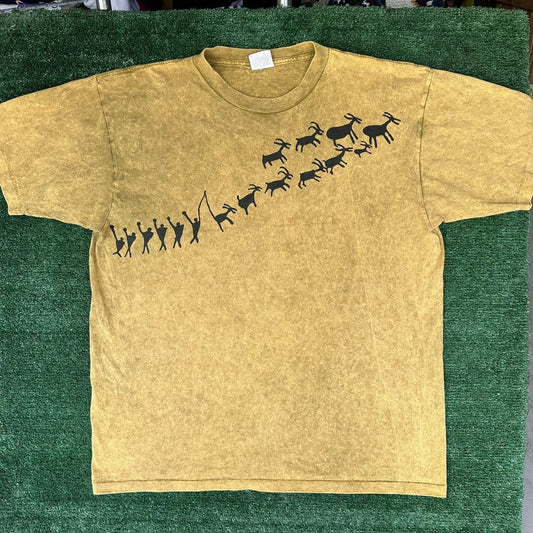 Vintage 90s Native Indian Cave Art T-Shirt Tie Dye Tan XL Single Stitch Hunting